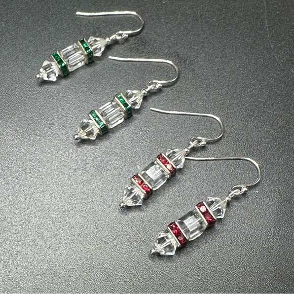 Handmade Swarovski Crystal Holiday Earrings Sterling Silver Red & Green Sparkle - Picture 10 of 10